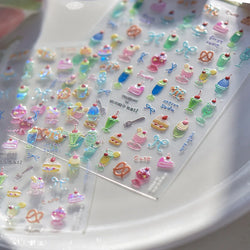 Colorful Food Pudding Alkali Water Bowknot Cream Fork Cup Bread Jelly Fruit Cartoon Cake Relief Nail Art Sticker Manicure Decals (ONLINE ORDER ONLY)