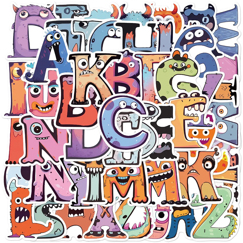 52pcs Cartoon Monster Letter Graffiti Stickers for Helmet, Wall, DIY Decor (Online Order Only)