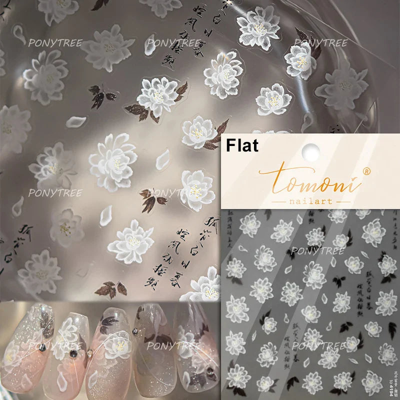 Camellia Tea After Rain Fragrant Flower Paint in Gold White Antique Chinese Characters Adhesive Nail Art Stickers Manicure Decal (ONLINE ORDER ONLY)