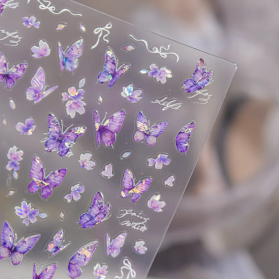 Delicate Tender Purple Butterfly Seal Pattern Insect Shiny Golden Stroke Nail Art Decoration Sticker Dressy Laser Manicure Decal (ONLINE ORDER ONLY)