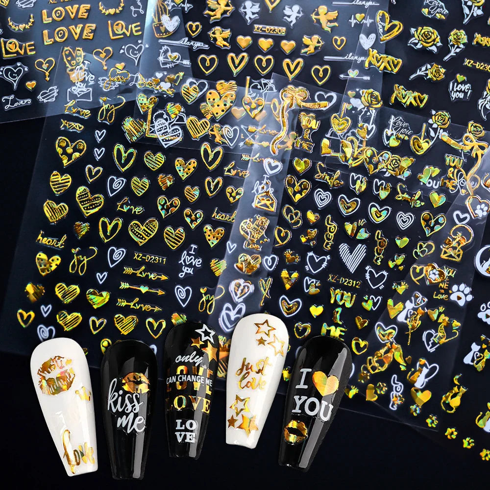 12pcs 3D Golden Glitter Heart Love Nail Stickers Valentine Self Adhesive Cute Cartoon Decal Geometry Slider Manicure Decoration* (ONLINE ORDER ONLY)