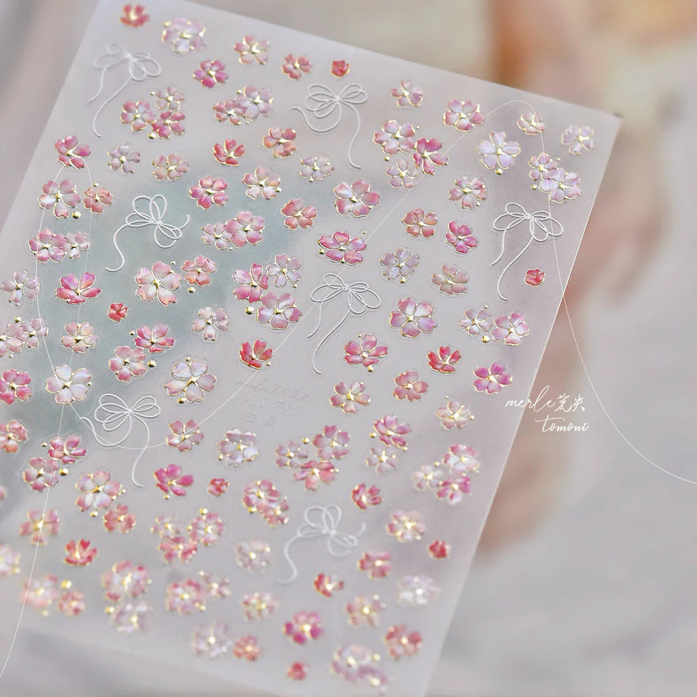 Peach Blossom Gradual Pink Petal Flower Line Bowknot Hot Stamping Halo Dyeing Delicate Adhesive Nail Art Sticker Manicure Decals (ONLINE ORDER ONLY)