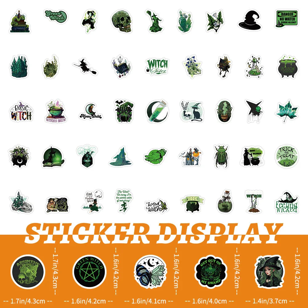 10/30/50/100pcs Cool Retro Green Magic Wizard Witch Stickers Laptop Phone Skateboard Fridge Car Gothic Retro Waterproof Sticker (ONLINE ORDER ONLY)