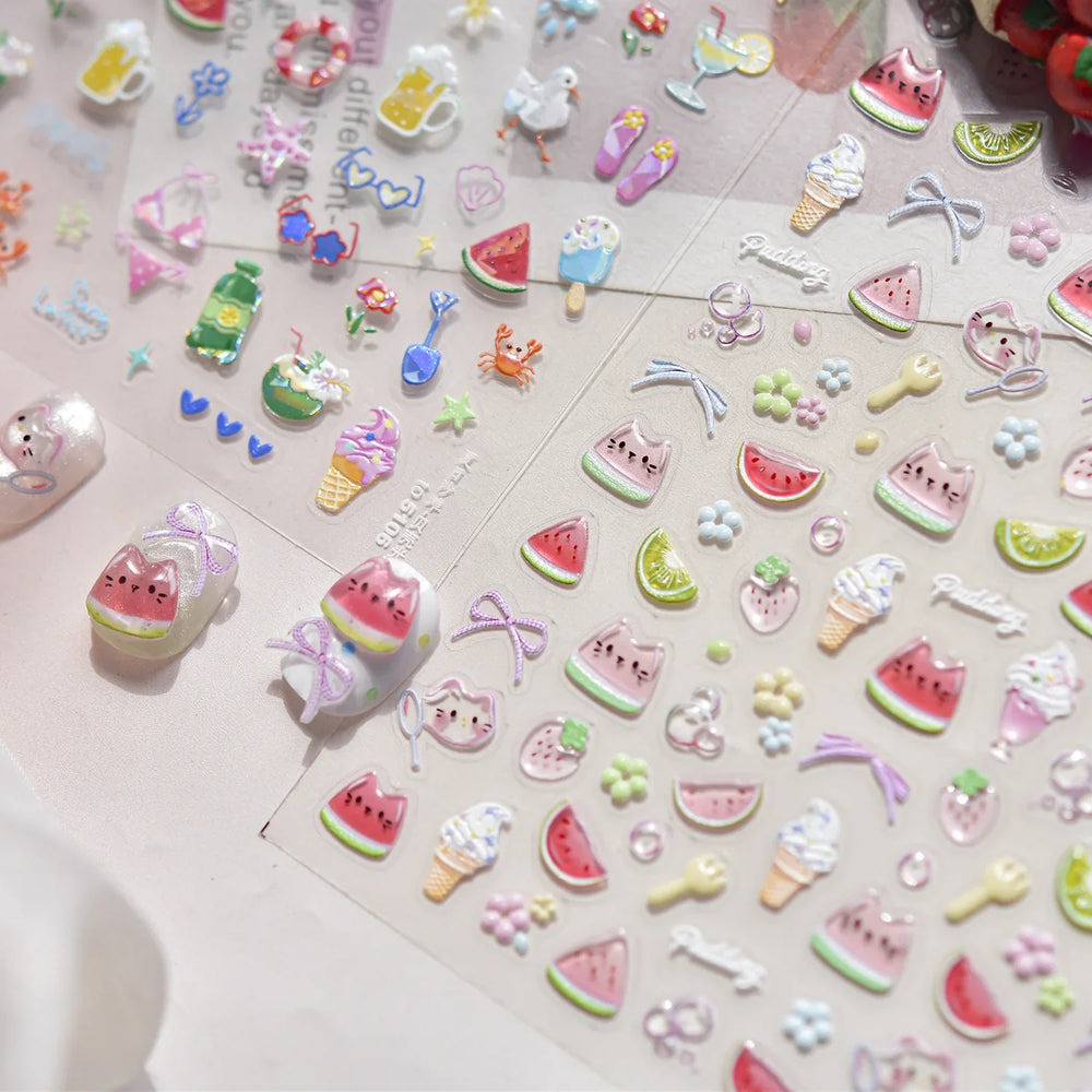 Summer Beach Bikini Watermelon Strawberry Ice Cream Soda Coconut Tree Fan Juice Crab Nail Art Decoration Stickers Manicure Decal (ONLINE ORDER ONLY)