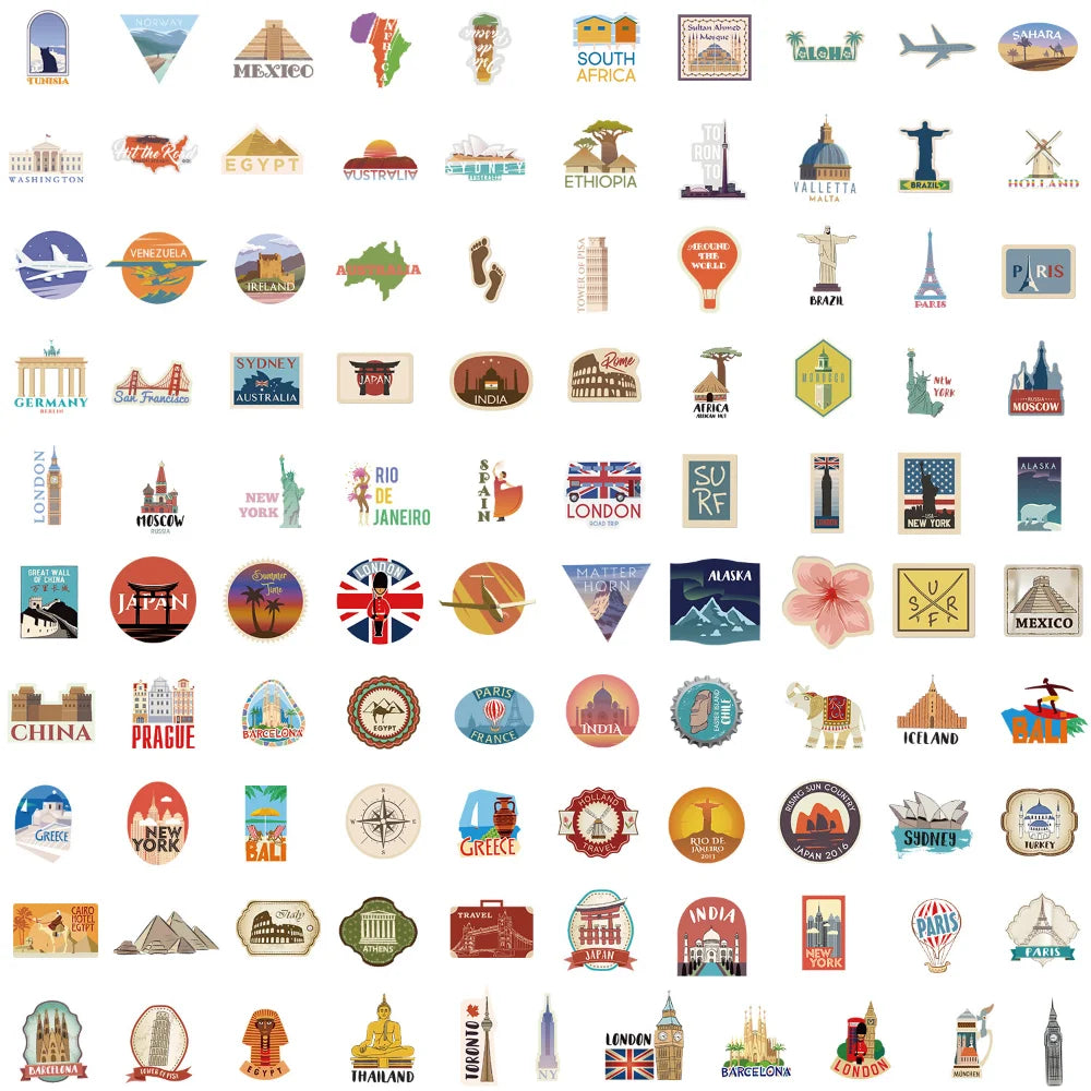 100Pcs Global Travel City Landscape Stickers DIY Toys Stationery Case Skateboard Laptop Guitar Pegatinas Decals Stickers (ONLINE ORDER ONLY)