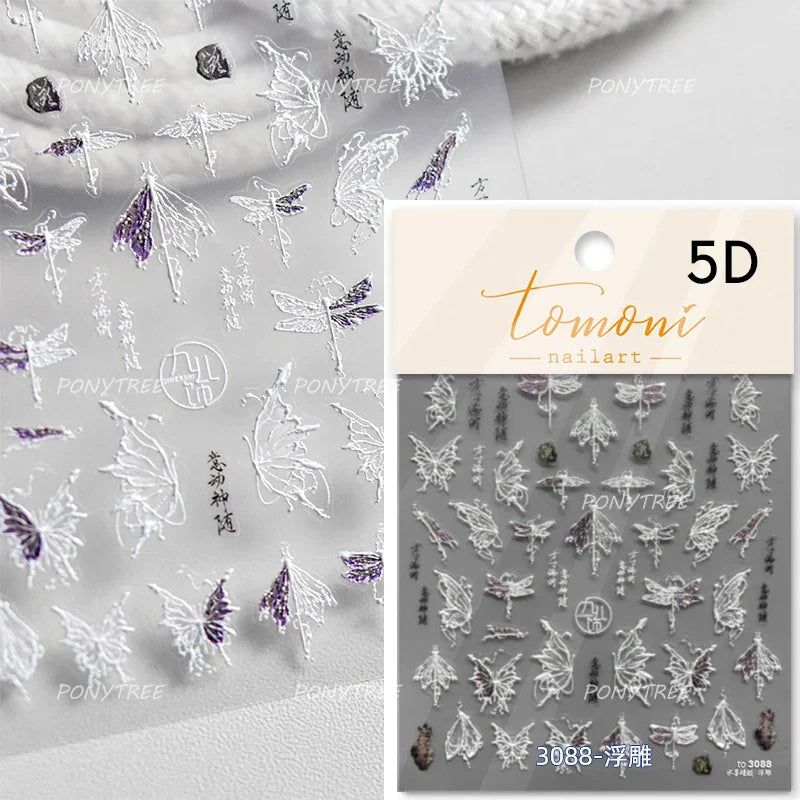 Chic Butterfly Flower Lily Lilium Narcissus Line Beautiful Blue Pearl Self Adhesive Nail Art Stickers Decorations Manicure Decal (Online Order Only)