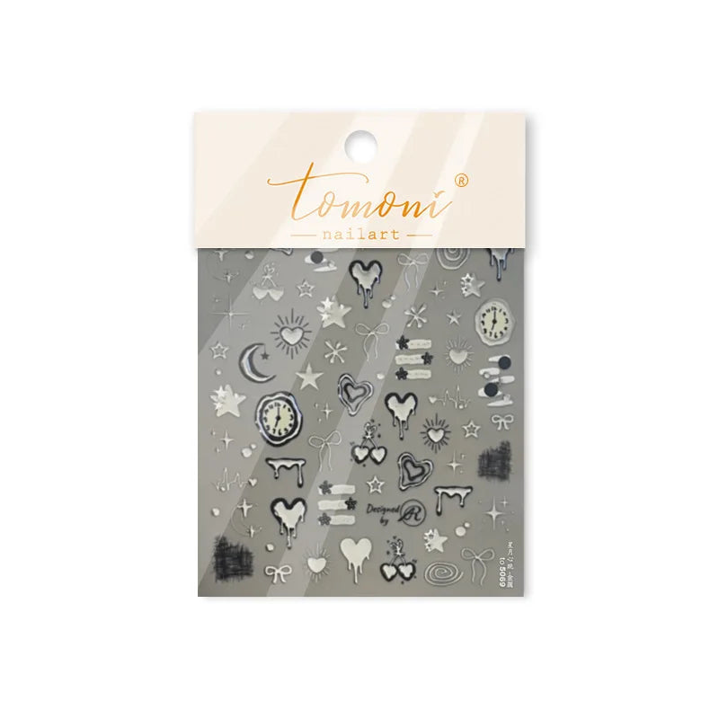 Silver Star Moon Clock Watch Cherry Love Heart Bowknot Gird Irregular Lines Dot Liquid Lava Nail Art Stickers Manicure Decals (ONLINE ORDER ONLY)