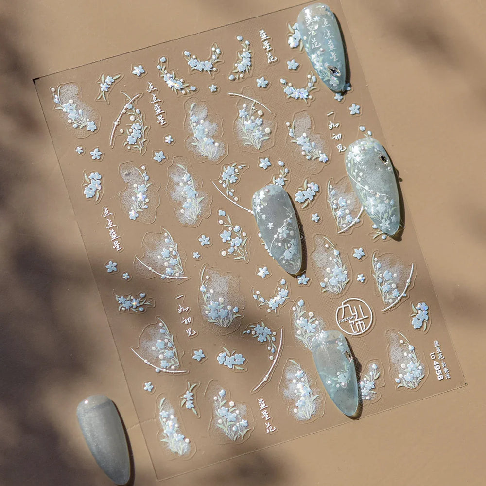 Hazy Feeling Bluestar-Amsonia Hubristic Blue Star Flower Floral Print 5D Soft Embossed Adhesive Nail Art Sticker Manicure Decals (ONLINE ORDER ONLY)