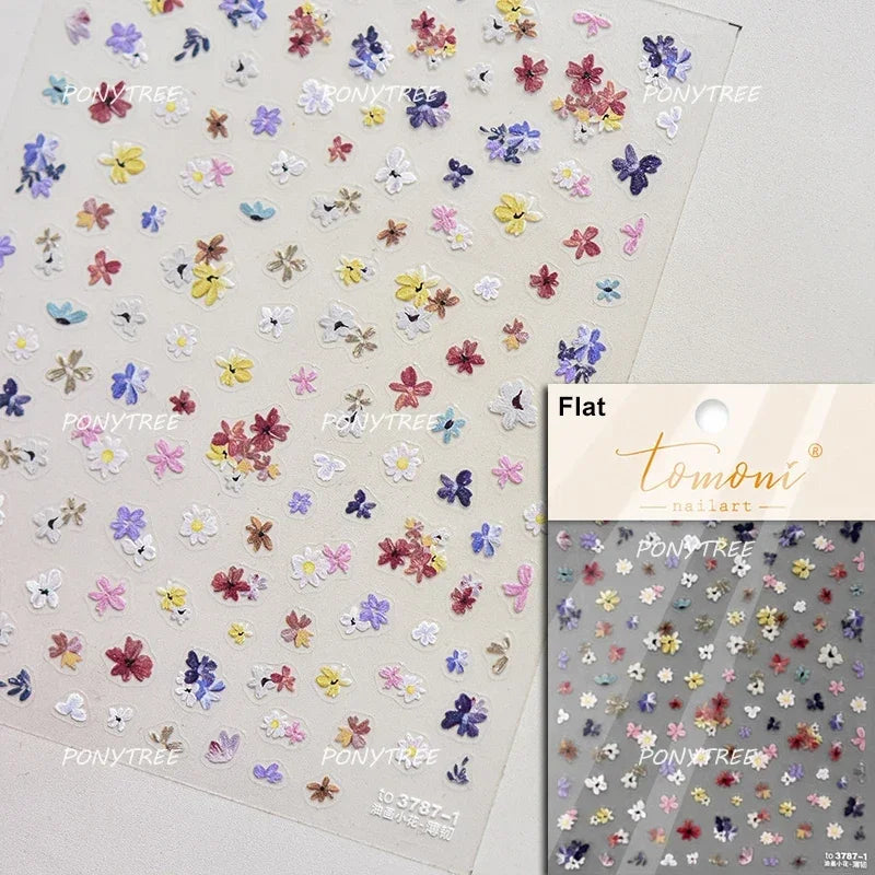 Chic Wild Flower Oil Painting Small Variegated Daisy Peach Blossom Lavender Petal Adhesive Nail Art Stickers Manicure Decals (Online Order Only)