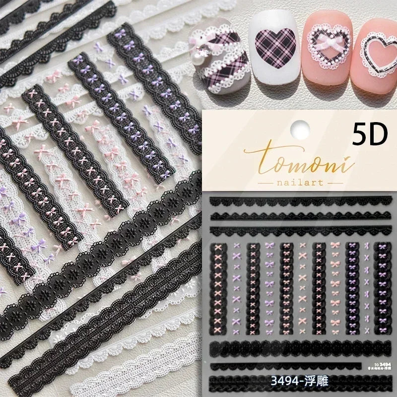 Geometric French Style Colorful Square Grid Rhombus Line Stripe Bowknot 3D Self Adhesive Nail Art Stickers Shiny Manicure Decals (ONLINE ORDER ONLY)