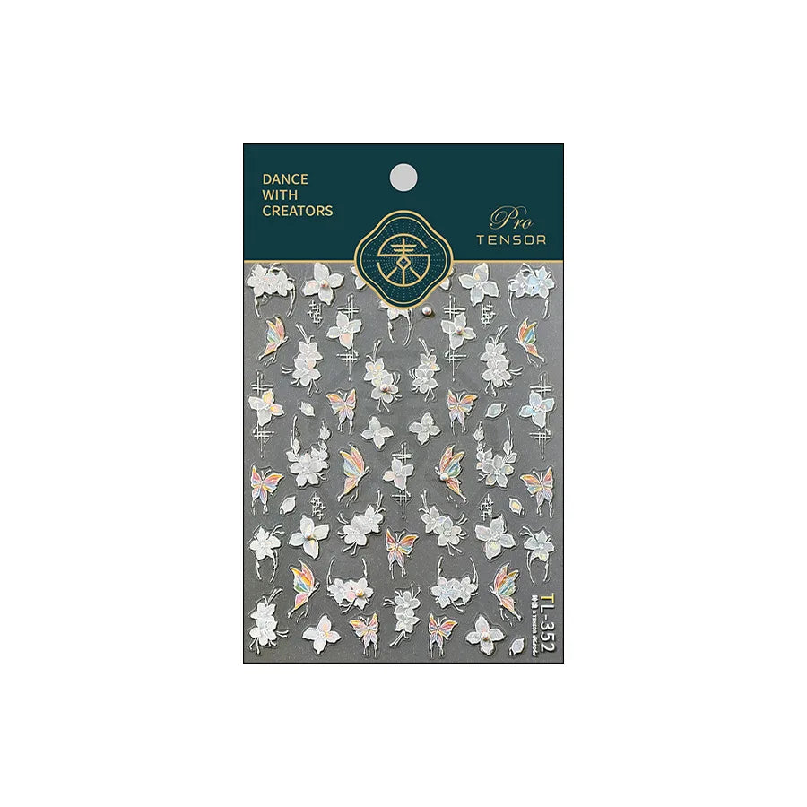 White Flower Colourful Butterfly Pearl Petal Beautiful Garden Charming Plant 5D Self Adhesive Nail Art Stickers Manicure Decals (ONLINE ORDER ONLY)
