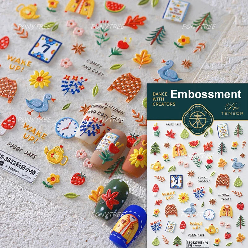 Squirrel Mushroom Apple Strawberry Cherry Pinecone Ginkgo Leaf Self Adhesive Nail Art Stickers Butterfly Flower Manicure Decals (ONLINE ORDER ONLY)