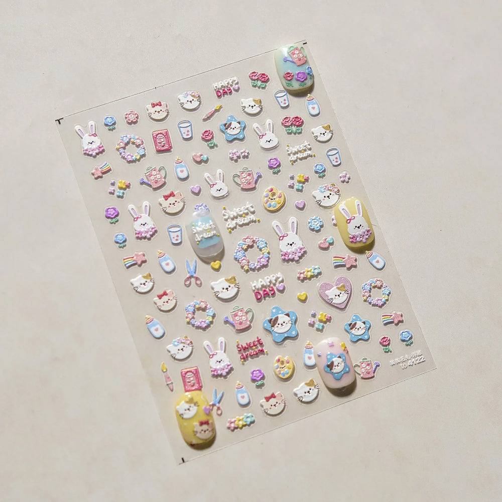Cream Wind Cat Rabbit Kitten Bunny Bowknot Flower Butterfly Cake Cherry Tulip 5D Self Adhesive Nail Art Stickers Manicure Decals (Online Order Only)