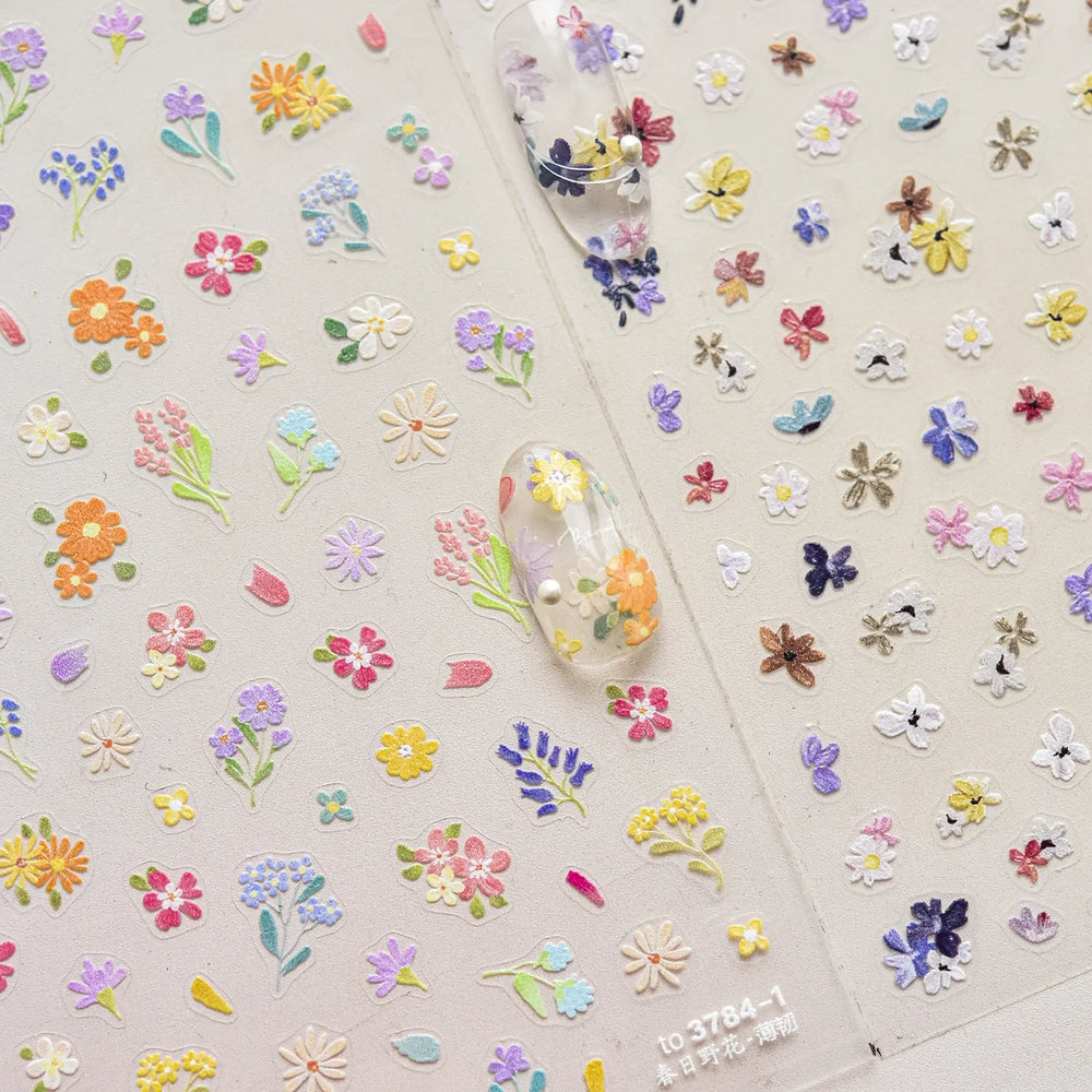 Chic Wild Flower Oil Painting Small Variegated Daisy Peach Blossom Lavender Petal Adhesive Nail Art Stickers Manicure Decals (Online Order Only)