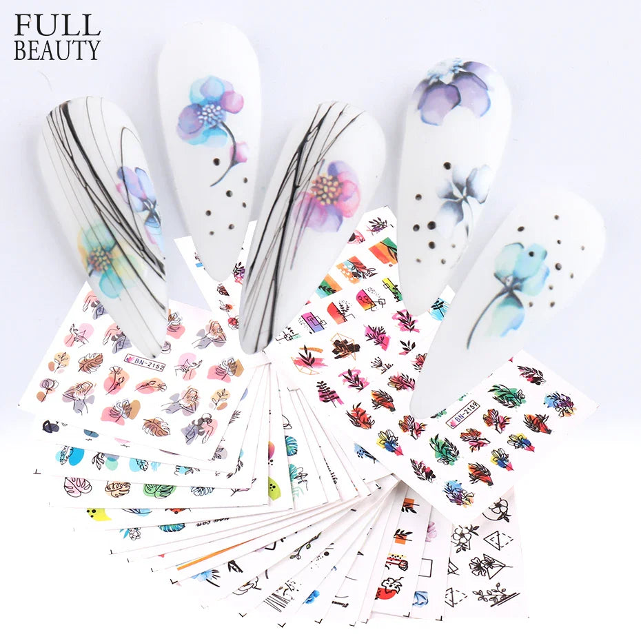 24pcs / Set Spring Summer nail Sticker Water Decal Nail Art Ink Flowers Leaves Graffiti Slider for Nail Decoration Foils Tattoo (ONLINE ORDER ONLY)