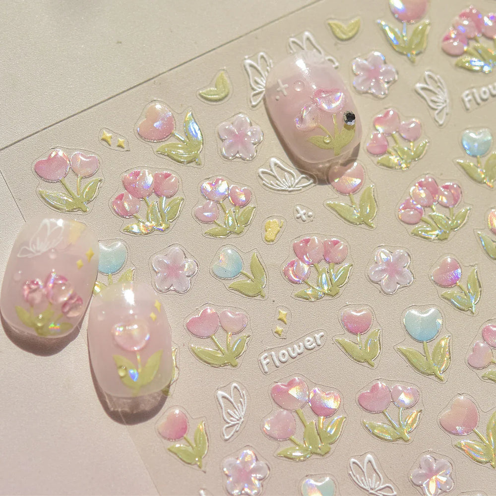 Cute  Pink Blue Nature Tulip Star Heart Butterfly Peach Blossom Jelly Embossed Relief Adhesive Nail Art Stickers Manicure Decals (ONLINE ORDER ONLY)