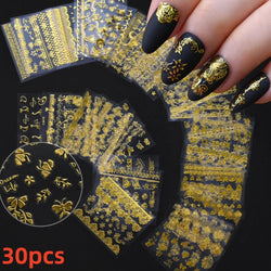 30Sheet 3D Glitter Christmas Nail Art Stickers Santa Claus Snowflake Elk Christmas Tree Design Nail Decals Cartoon Nail Supplies (Online Order Only)