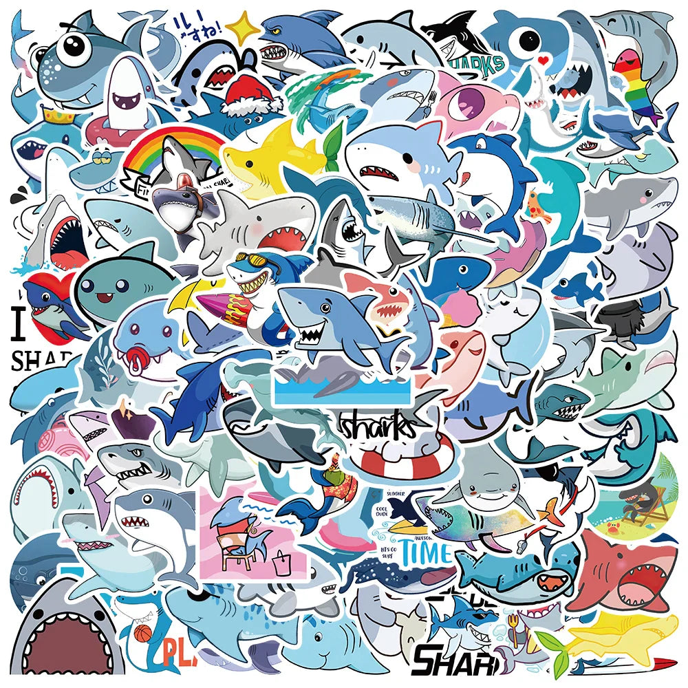 50/100pcs Cute Cartoon Animals Sharks Stickers For Laptop Water Bottle Fridge Waterproof Graffiti Skateboard Car Decals (ONLINE ORDER ONLY)