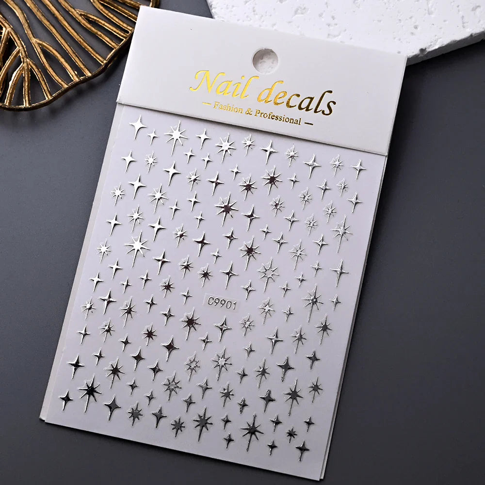 1Sheet Laser Star Nail Stickers 3D Metallic Mirror Gold/Silver Irregular Star Manicure Decals Y2K Self Adhesive Nails Decoration (ONLINE ORDER ONLY)
