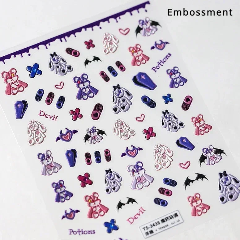 Cat Eye Halloween Terror Spider Cross Rose Love Heart Flower Snake Web Candy Bunny Thrilling Nail Art Stickers Manicure Decals (Online Order Only)
