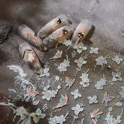 White Flower Colourful Butterfly Pearl Petal Beautiful Garden Charming Plant 5D Self Adhesive Nail Art Stickers Manicure Decals (ONLINE ORDER ONLY)