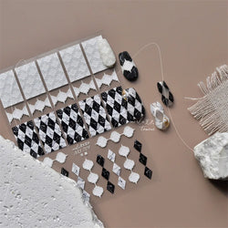 French Style Geometric Black White Square Grid Rhombus Stripe 3D Self Adhesive Nail Art Stickers Shiny Rhinestone Manicure Decal (ONLINE ORDER ONLY)