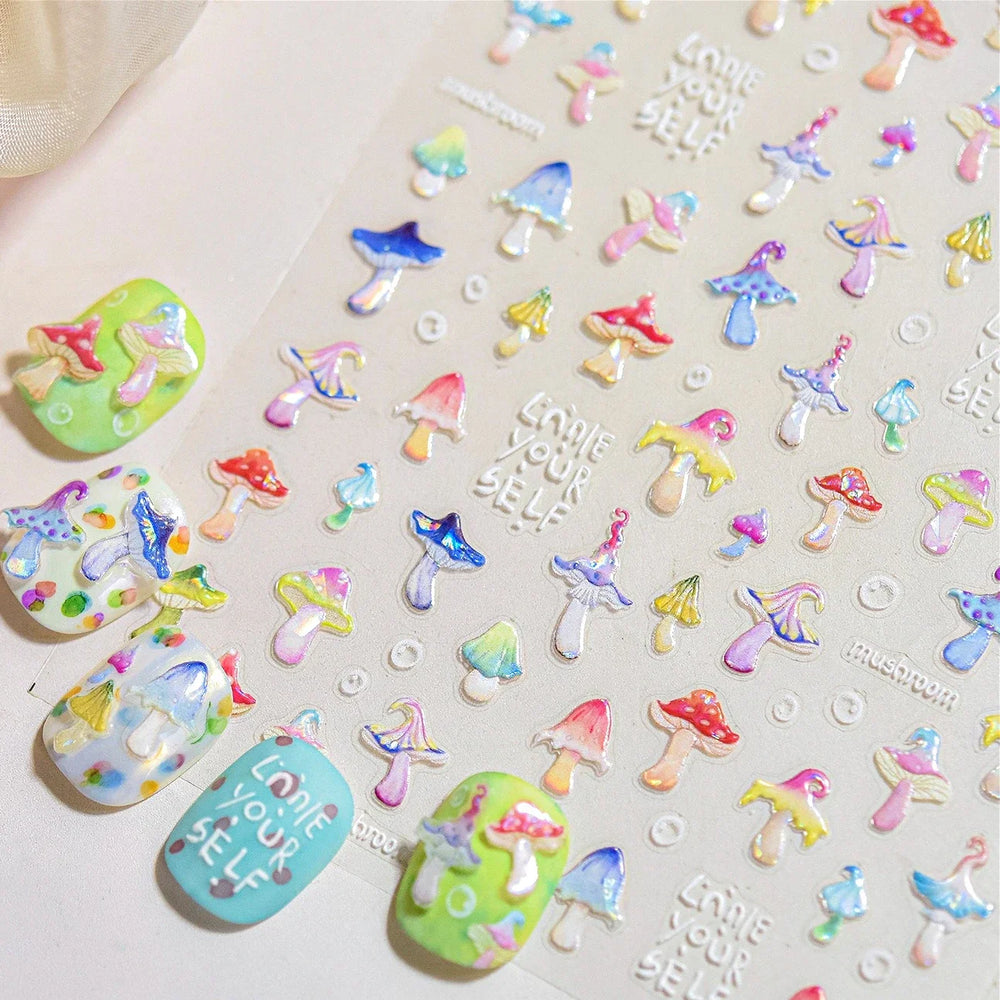 Cute Colored Mushrooms Water Bubbles Umbrella-shaped Plant Various Shapes Fungi Lovely Adhesive Nail Art Stickers Manicure Decal (ONLINE ORDER ONLY)