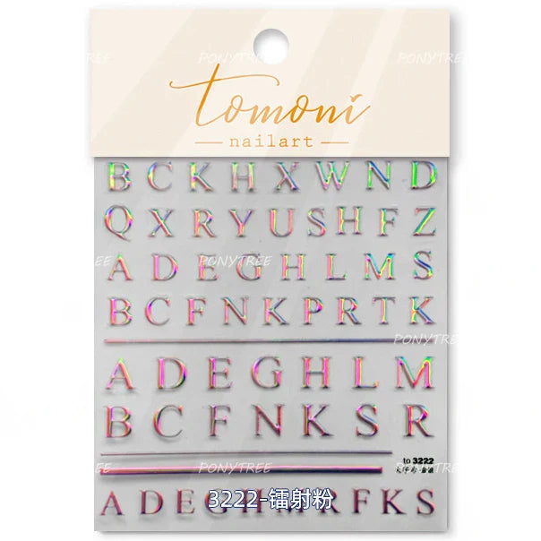 Romantic White Black Capital English Letters Chic Gold Punk Colorful Stamp Word 3D Self Adhesive Nail Art Sticker Manicure Decal (ONLINE ORDER ONLY)