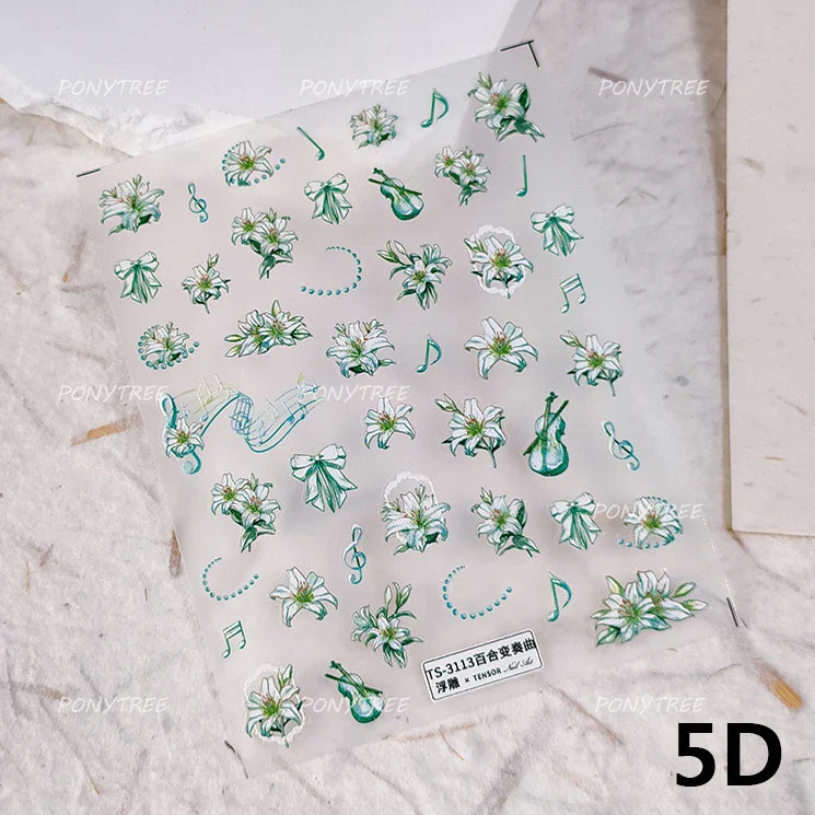 Spotless Lily Lilium Flowers Moon Pearl Crown Lily-white Pearl Necklace Pendant Self Adhesive Nail Art Stickers Manicure Decals (Online Order Only)