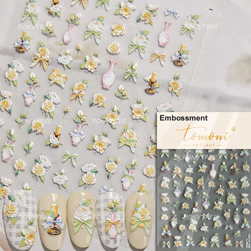 European Garden Angel Wing White Rose Flower Bed Vase Lace Bowknot Statue Adhesive Nail Art Decoration Sticker Manicure Decals (ONLINE ORDER ONLY)