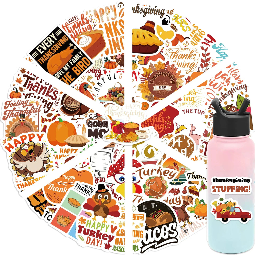 50pcs Cartoon Thanksgiving Day Sticker Funny Pumpkin Turkey Autumn Maple Leaf Graffiti Decals DIY Laptop Luggage Skateboard (Online Order Only)