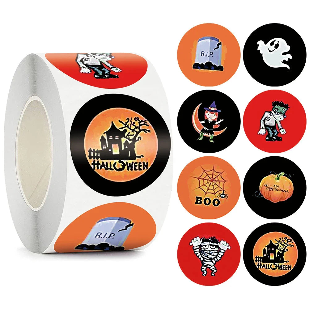 500pcs/roll Halloween Sticker Ghost Labels Gift Candy Bags Seal Stickers Halloween DIY Package Paper Sticker Party Decoration (Online Order Only)