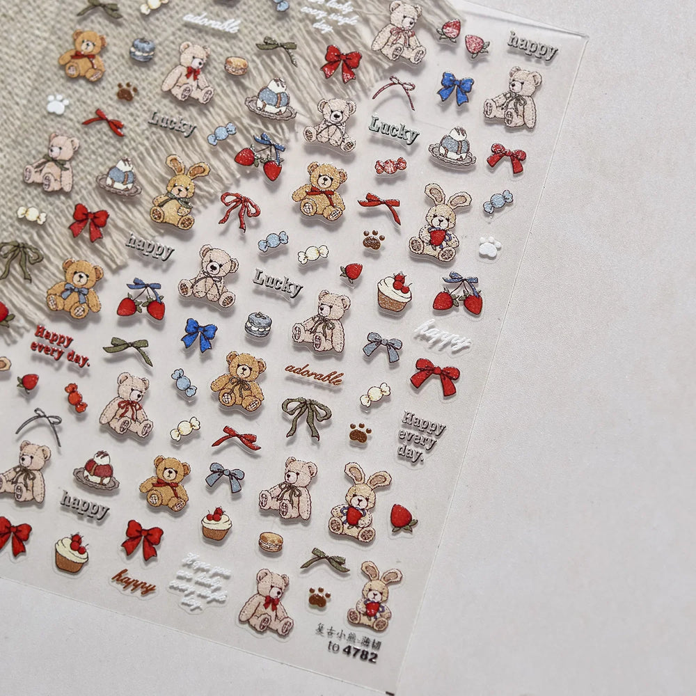 Charm Retro Bear Candy Cake Bowknot Rabbit Bunny Strawberry Footprint Muffin 3D Adhesive Nail Art Stickers Chic Manicure Decals (ONLINE ORDER ONLY)