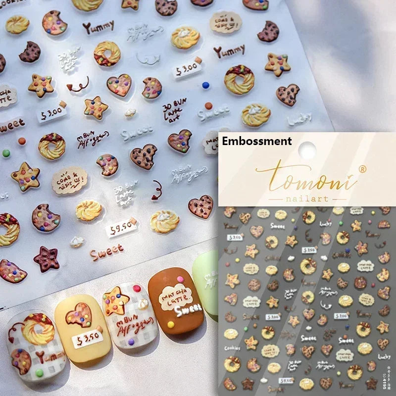 Colorful Food Pudding Alkali Water Bowknot Cream Fork Cup Bread Jelly Fruit Cartoon Cake Relief Nail Art Sticker Manicure Decals (ONLINE ORDER ONLY)