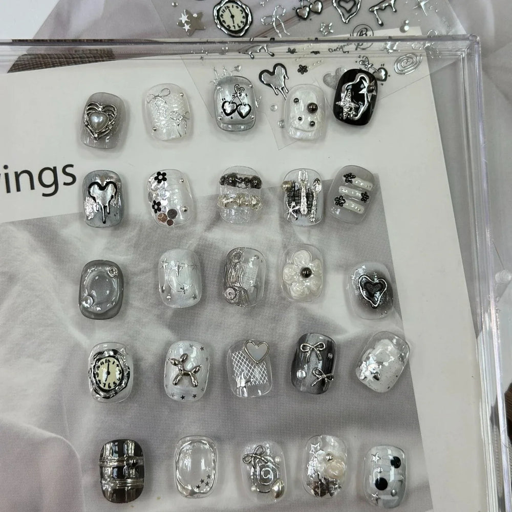 Silver Star Moon Clock Watch Cherry Love Heart Bowknot Gird Irregular Lines Dot Liquid Lava Nail Art Stickers Manicure Decals (ONLINE ORDER ONLY)