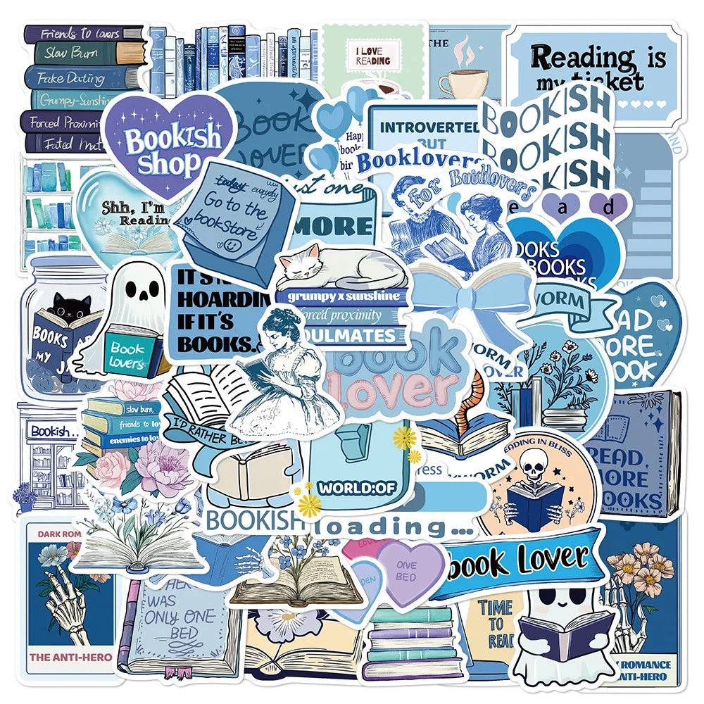 10/50pcs Blue Reading Book Bookish Stickers Kindle Aesthetic Girls Ins Decals Scrapbooking Laptop Phone Stationery Kids Toy Gift (Online Order Only)