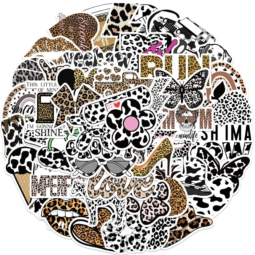 50Pcs Fashion Sexy Leopard Print Animal Sticker Irregular Phone Computer Luggage Motorcycle Helmet Decorative Sticker Decal (Online Order Only)