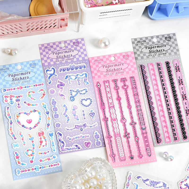 2Pcs/lot Cute Ribbon Chain Stickers Lace Idol Card Scrapbooking DIY Album Decoration Sticker Aesthetic Kawaii Stationery (ONLINE ORDER ONLY)