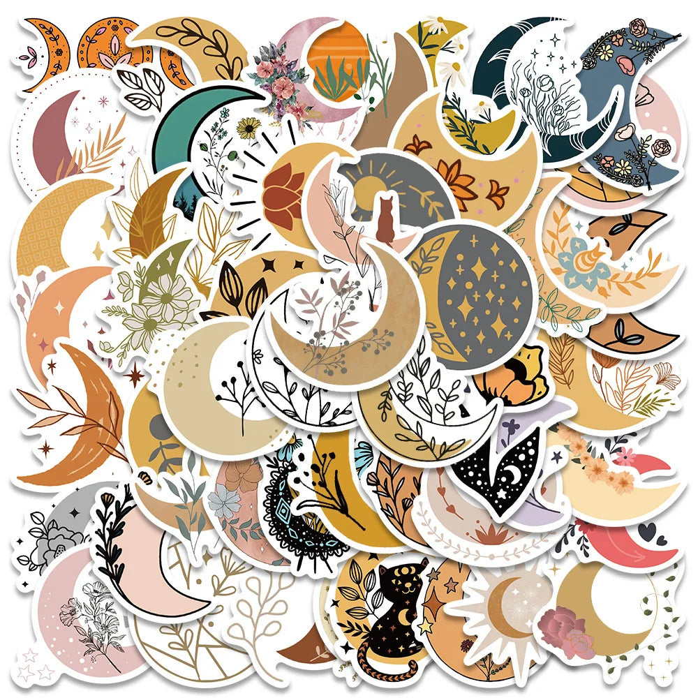10/50/100PCS Vintage Sun Moon Flower Stickers Aesthetic Ins Decals DIY Scrapbooking Notebook Laptop Luggage Car Graffiti Sticker (Online Order Only)