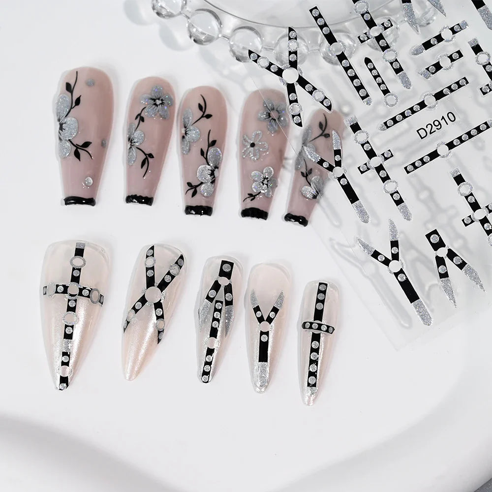 1pcs 5D Floral Nail Art Stickers Acrylic Flowers Decals with Glitter Self-Adhesive Elegant Silver Black Blossoms Theme Nail Art* (ONLINE ORDER ONLY)