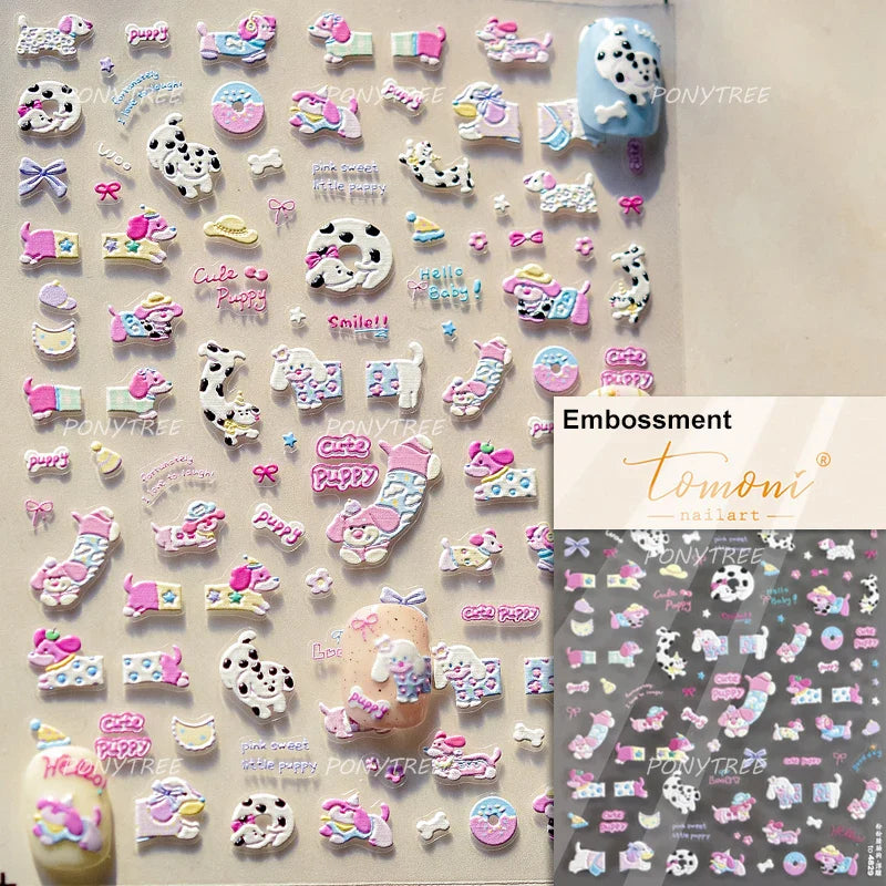 Spring Dog Bear Toy Rose Flower Floral Print Letter Bone Butterfly Cat Puppy Relief Adhesive Nail Art Stickers Manicure Decals (Online Order Only)