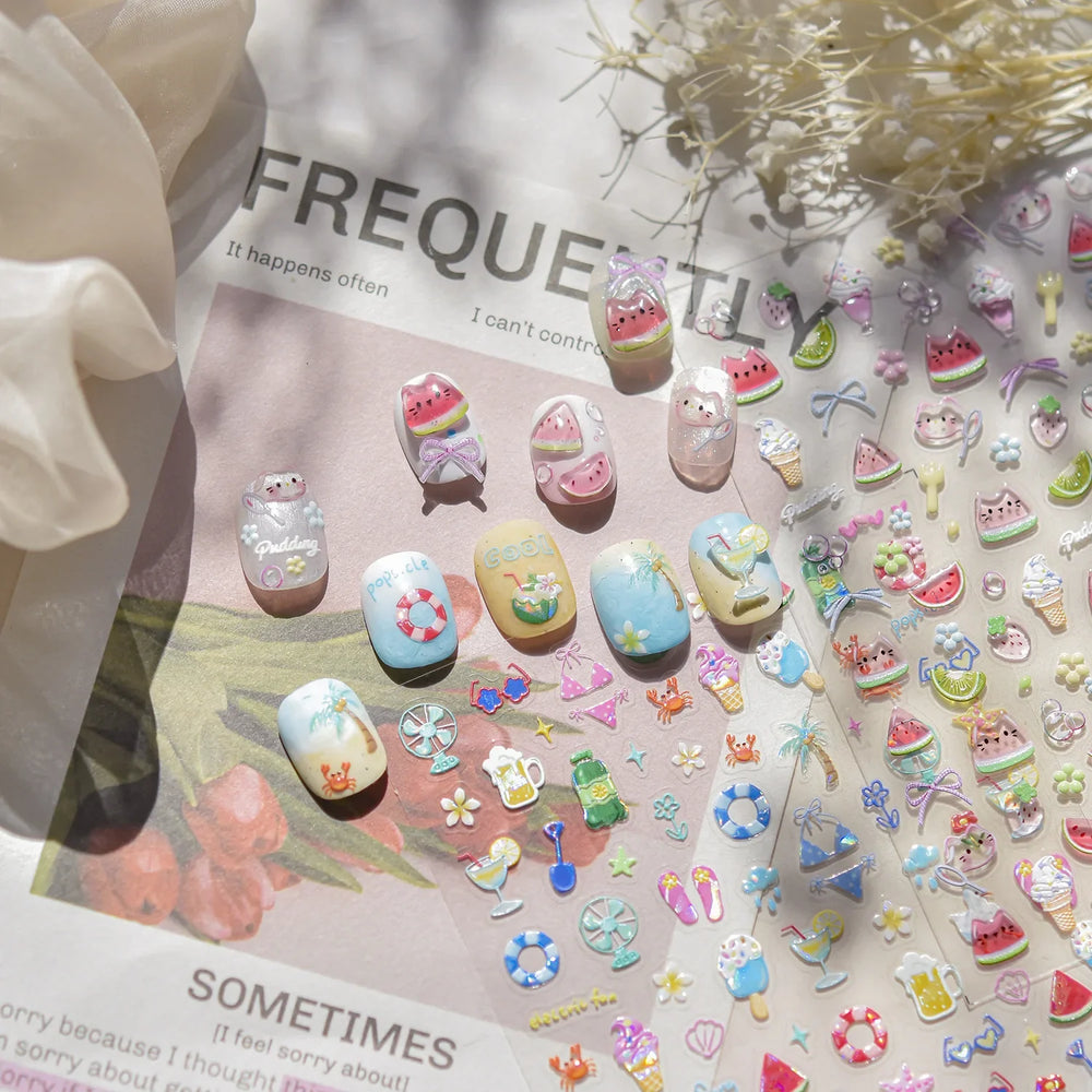 Summer Beach Bikini Watermelon Strawberry Ice Cream Soda Coconut Tree Fan Juice Crab Nail Art Decoration Stickers Manicure Decal (ONLINE ORDER ONLY)
