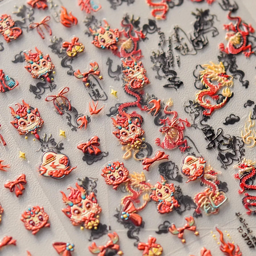Retro Embroidered Dragon Red Pink Blue White Porcelain Chinese 3D Embossed Relief Self Adhesive Nail Art Stickers Manicure Decal (ONLINE ORDER ONLY)