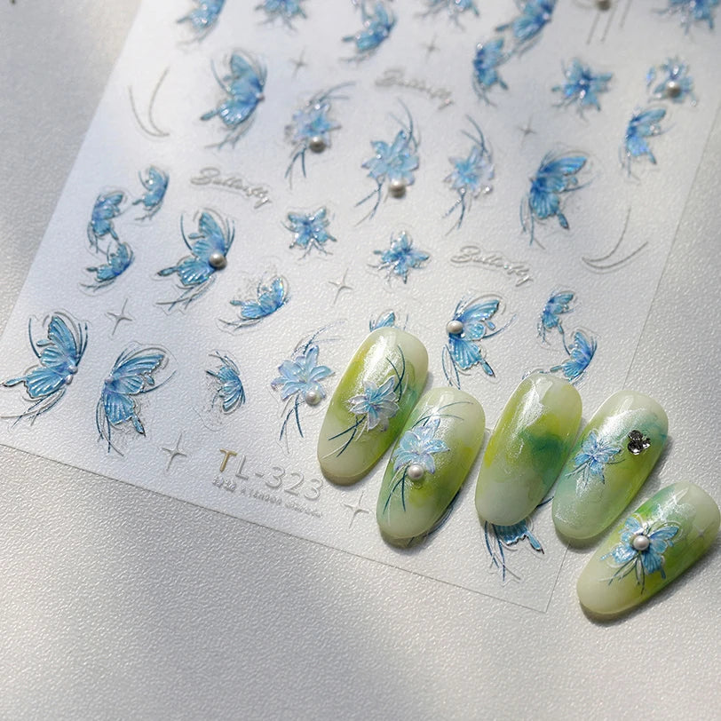 Chic Butterfly Flower Lily Lilium Narcissus Line Beautiful Blue Pearl Self Adhesive Nail Art Stickers Decorations Manicure Decal (Online Order Only)