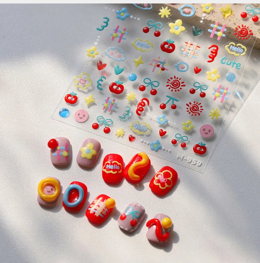 Flower Star Sun Grid Line Interesting Graffiti Tulip Cherry Apple Fruit Dot Painting Adhesive Nail Art Stickers Manicure Decals (ONLINE ORDER ONLY)