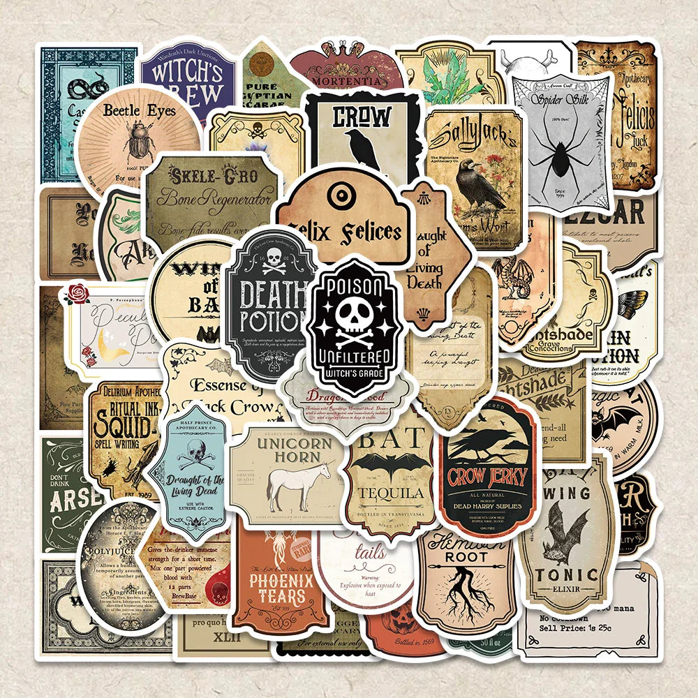 50pcs Gothic Witch Potion Label Stickers for Guitar, Laptop, Motorcycle, Skateboard (Online Order Only)