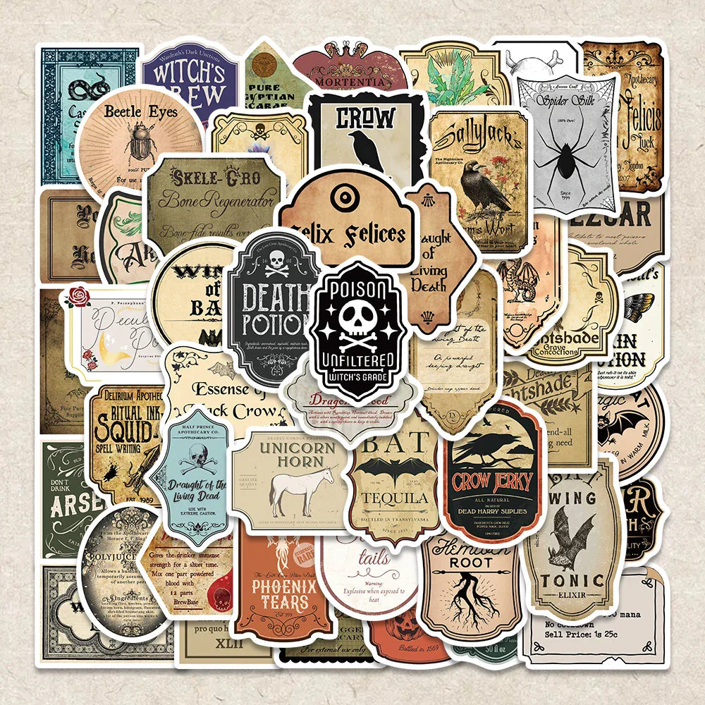 50pcs Gothic Witch Potion Label Stickers for Guitar, Laptop, Motorcycle, Skateboard (Online Order Only)
