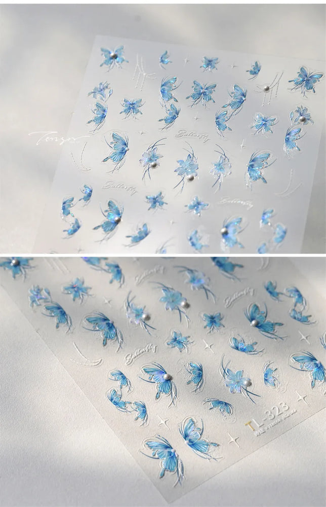 Chic Butterfly Flower Lily Lilium Narcissus Line Beautiful Blue Pearl Self Adhesive Nail Art Stickers Decorations Manicure Decal (Online Order Only)