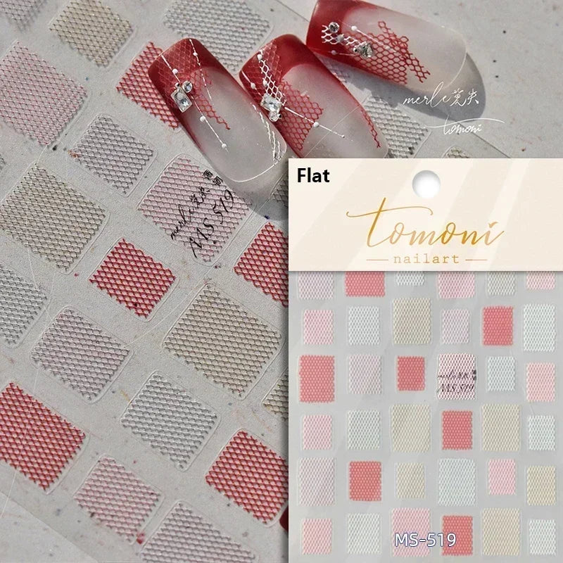 Geometric French Style Colorful Square Grid Rhombus Line Stripe Bowknot 3D Self Adhesive Nail Art Stickers Shiny Manicure Decals (ONLINE ORDER ONLY)