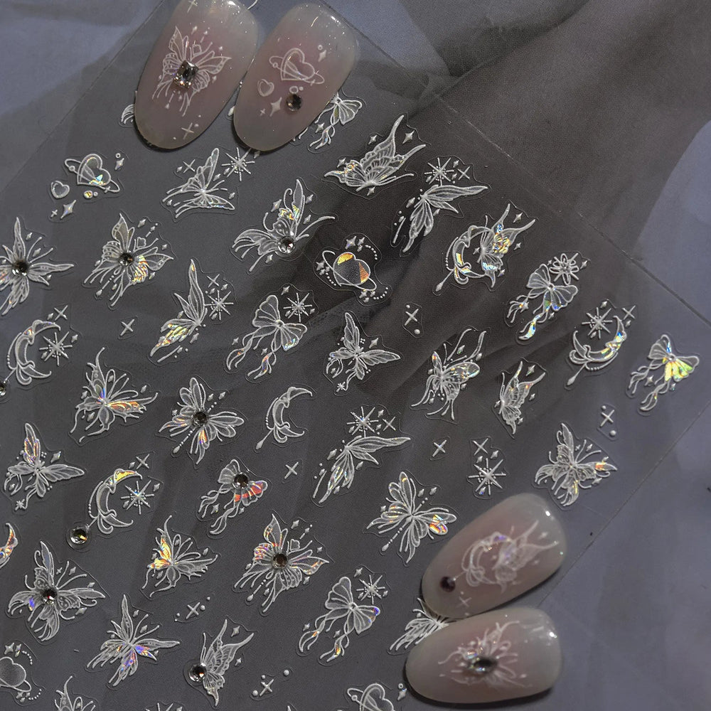 Dreamy Moon Stars Love Heart Butterfly Bowknot Lace Shiny Starburst Ribbon Delicate Adhesive Nail Art Stickers Manicure Decals (Online Order Only)